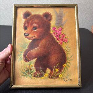 1970's Fuzzy Bear Cub Print Framed by K. Chin